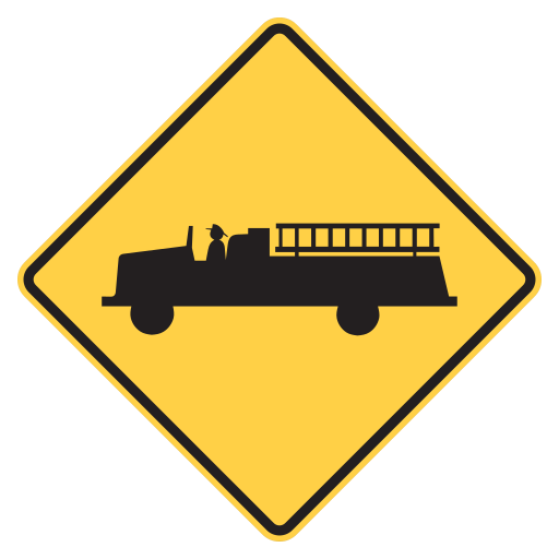 A yellow diamond shows a black fire truck facing left, with a long ladder above its body.