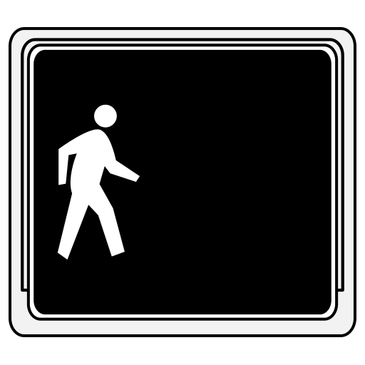 A black pedestrian-signal face displaying a steady white walking person.