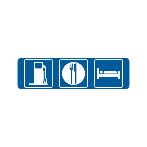 A blue rectangular sign contains a fuel pump, knife and fork, and bed symbol. There is no camping symbol.