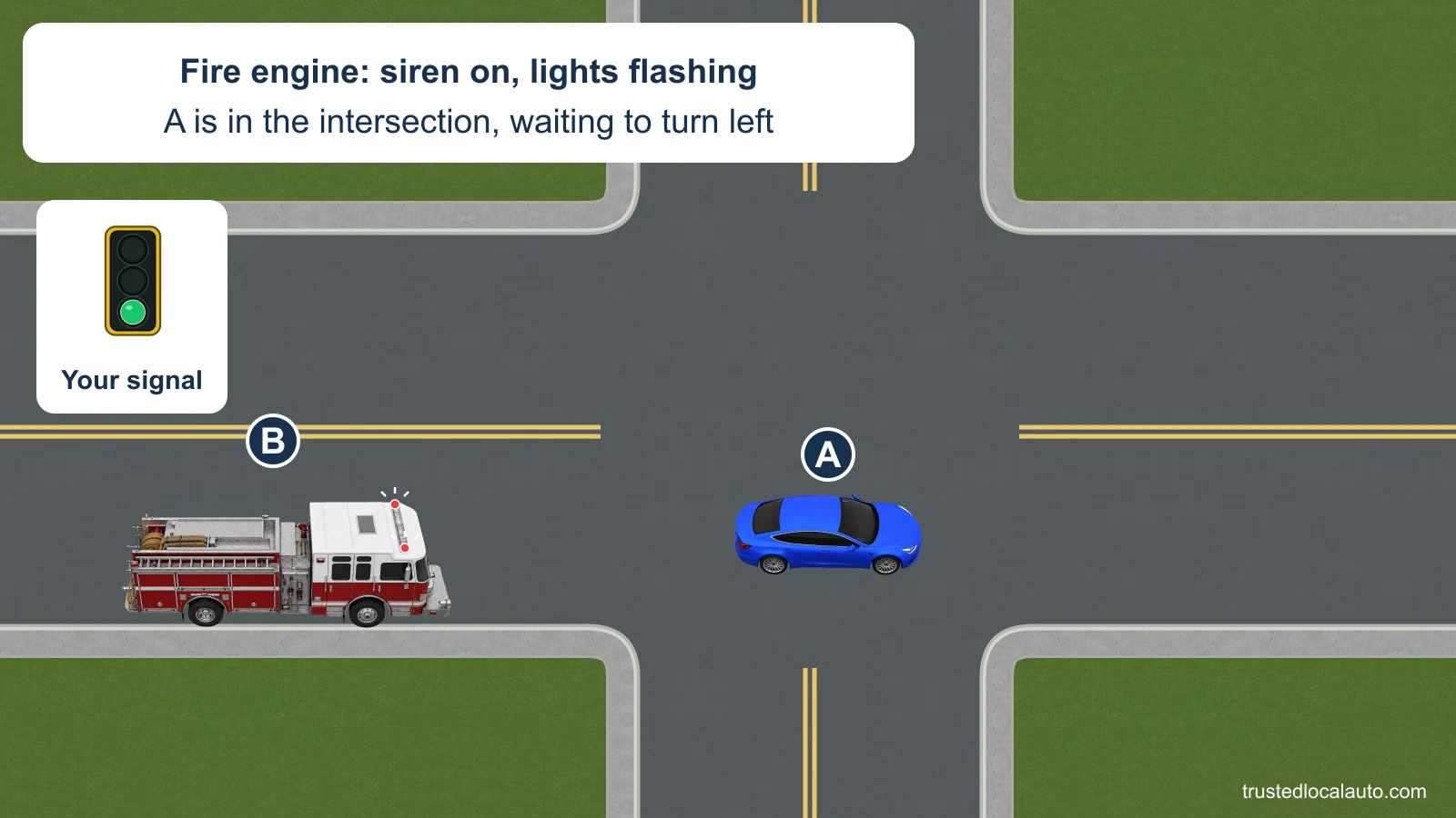 A is in an intersection waiting to turn left at a green signal. Fire engine B approaches from behind with flashing lights; the card states that its siren is on.