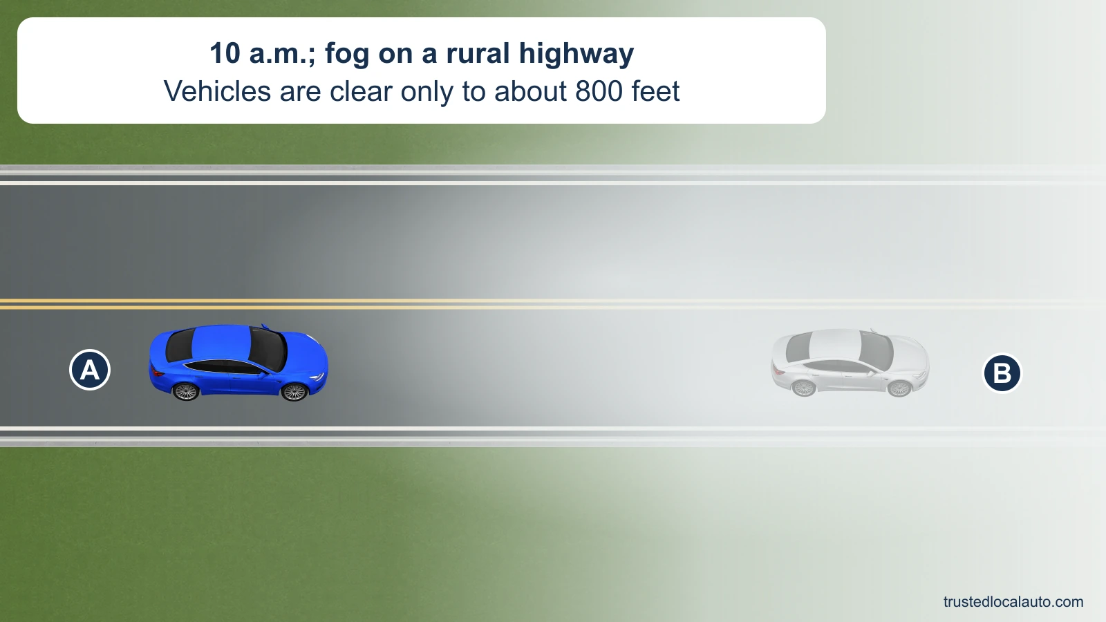 At 10 a.m., car A travels on a rural two-way highway in fog. The roadway fades ahead and vehicle B is partly obscured; the card states that vehicles are clearly visible only to about 800 feet.