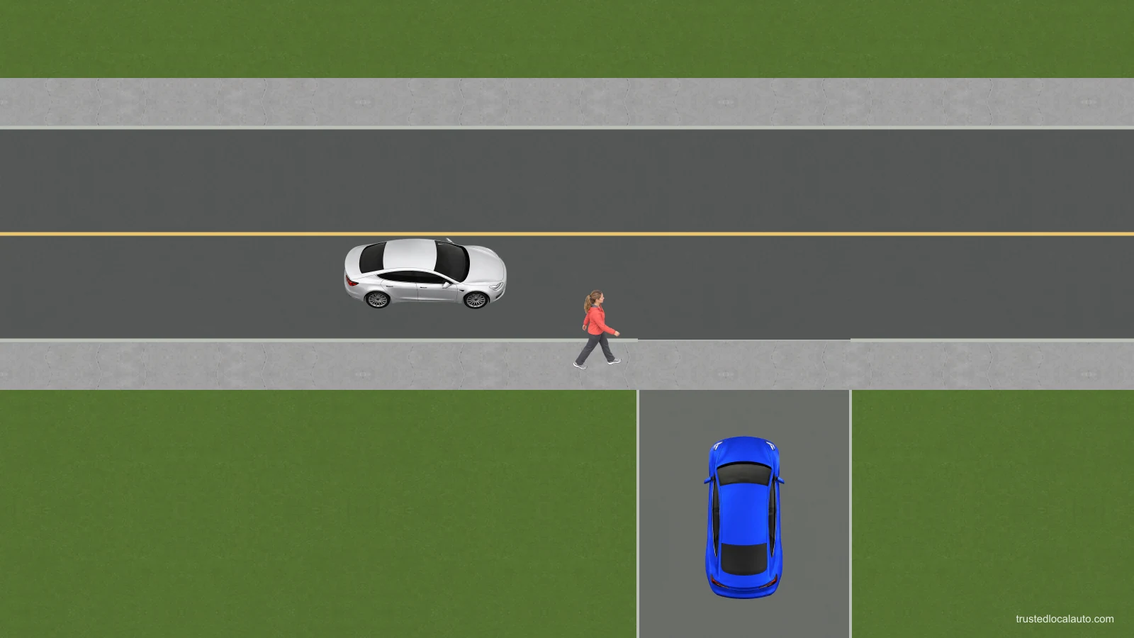 A blue car approaches a driveway opening across a sidewalk. A pedestrian is near the opening and a silver car is on the public road.