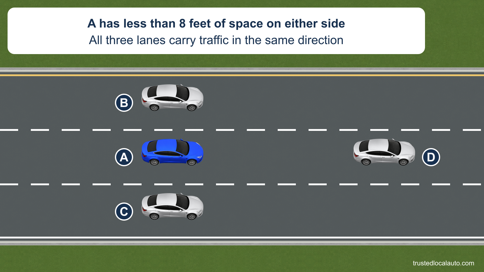 Blue A travels in the center of three same-direction lanes, with silver B alongside on the left, silver C alongside on the right and silver D ahead. The card states that A has less than 8 feet of space on either side.