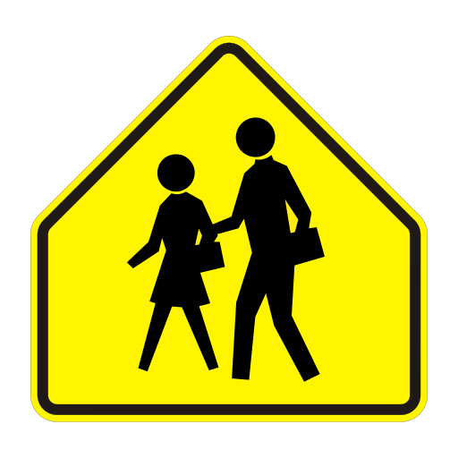 A yellow five-sided sign with a black border shows two children walking, each carrying a school bag.