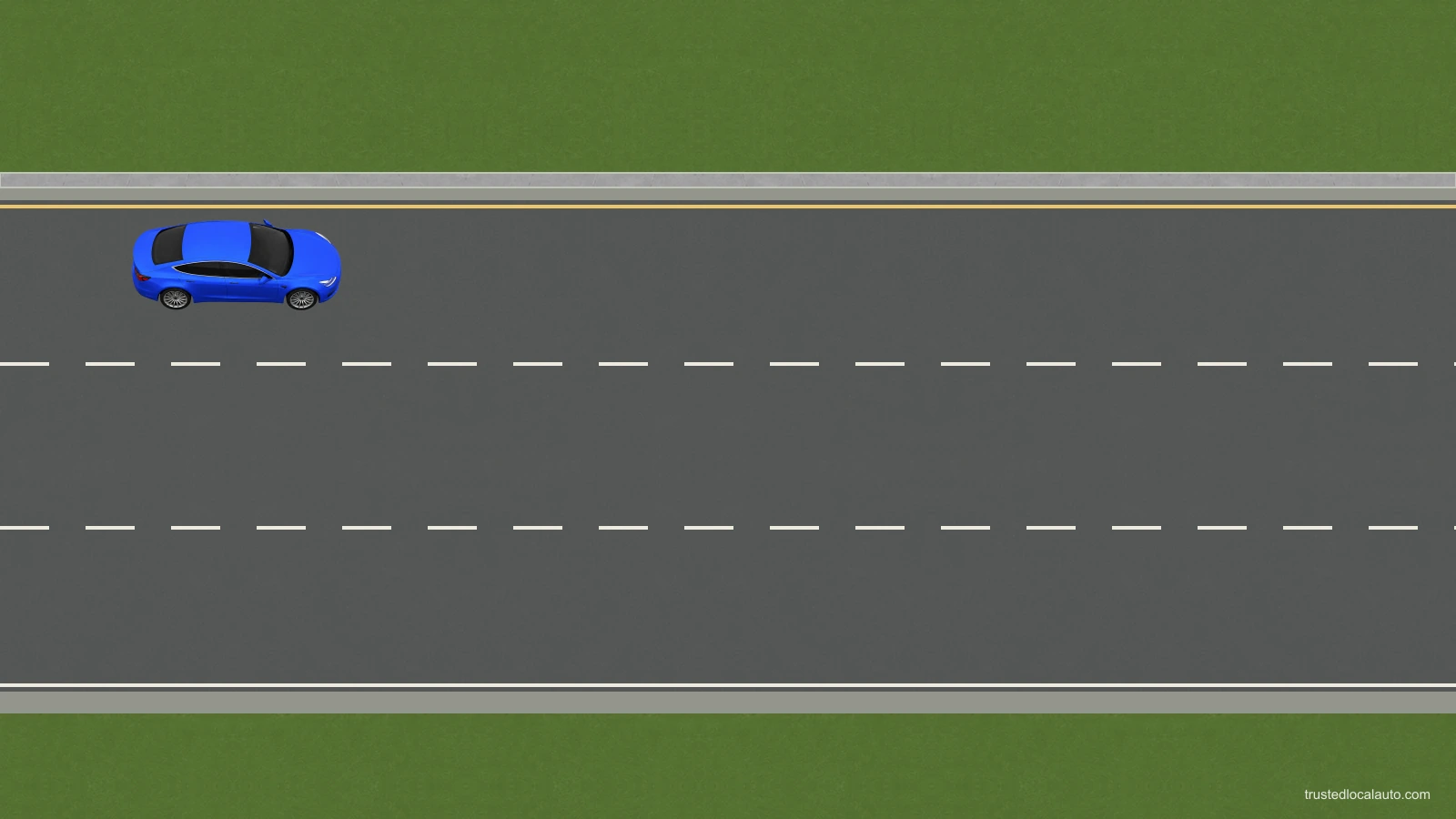 A blue car is in the leftmost of three same-direction expressway lanes.