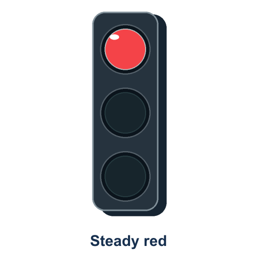 A vertical three-lamp signal has its upper circular red lamp steadily lit; the two lower lamps are dark.