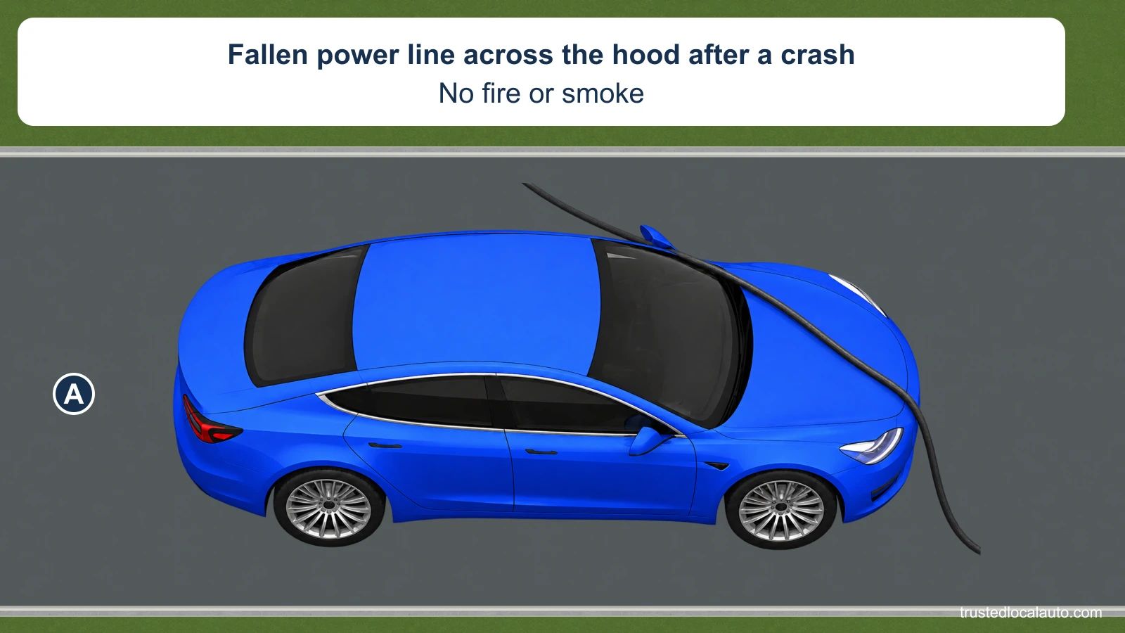 Car A has a fallen power line draped across its hood and down past the front bumper. Its doors are closed, with no fire, smoke or people outside.