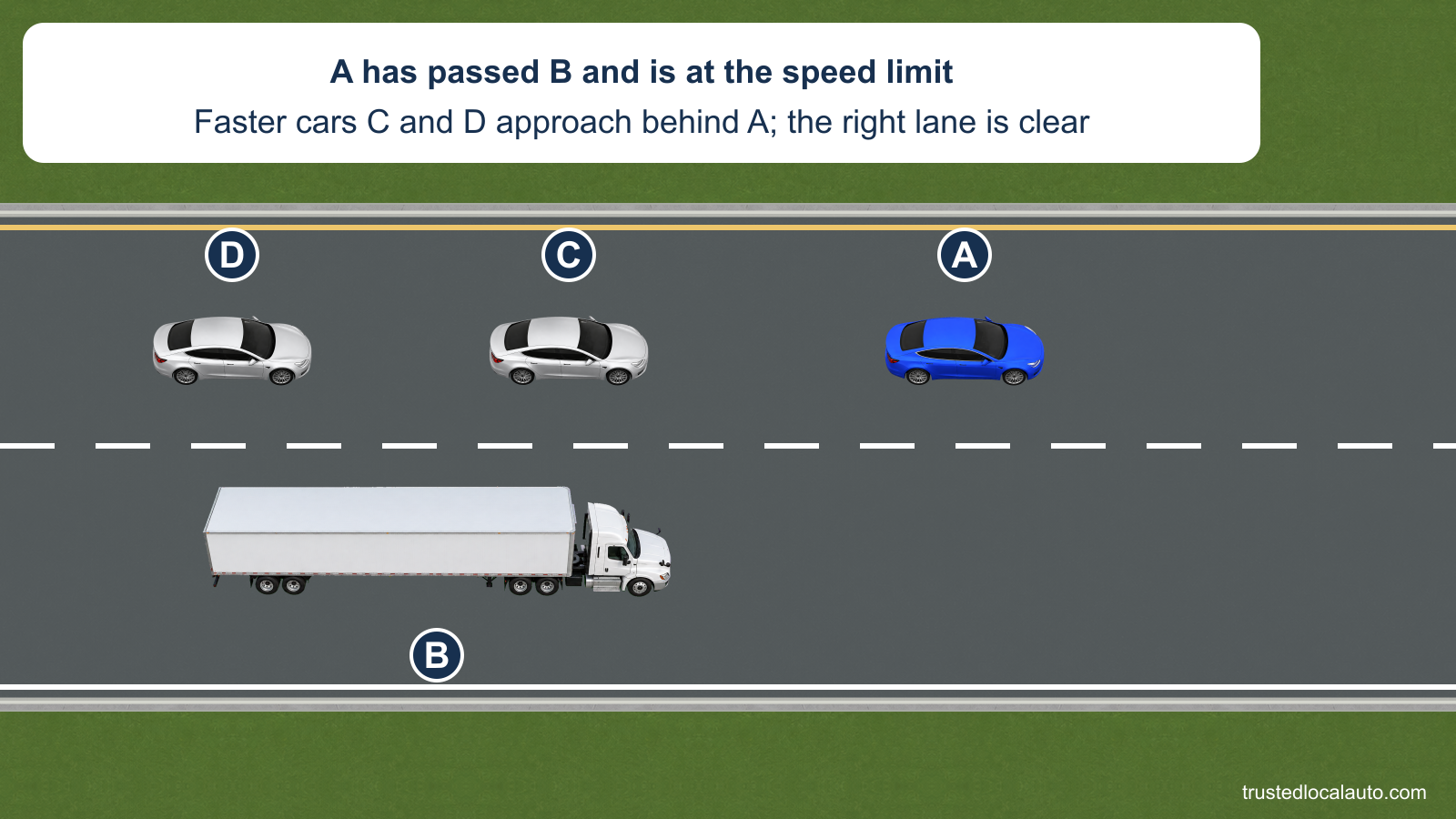A has passed truck B on a two-lane interstate, with faster cars C and D approaching behind A in the left lane. The right lane ahead of the truck is clear, and the card states that A is at the speed limit.