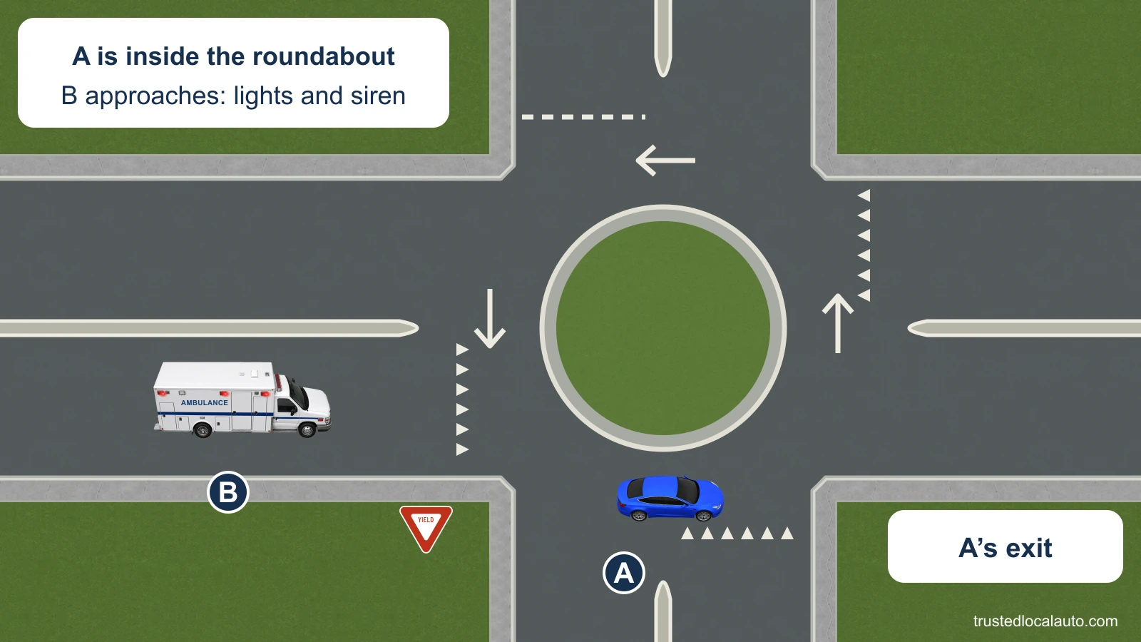 A travels east on the lower part of a single-lane roundabout. Ambulance B approaches its west entry with flashing red warning lamps and a siren, and A’s intended exit is on the right.