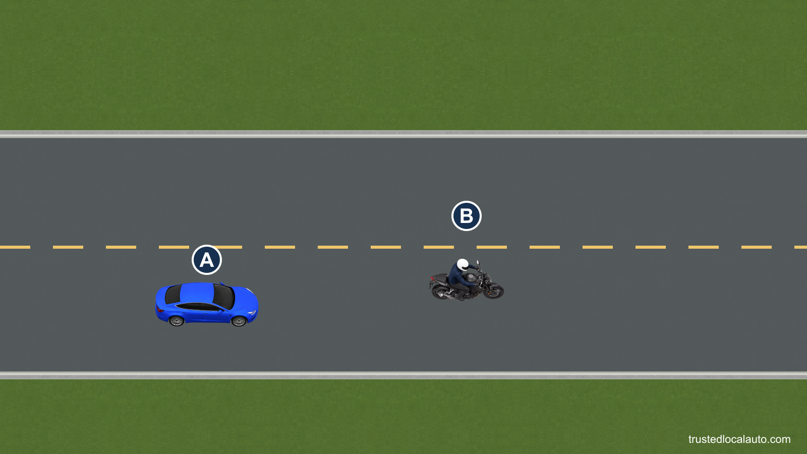 B rides near the left portion of its lane on a two-way road. A approaches from behind in that lane.