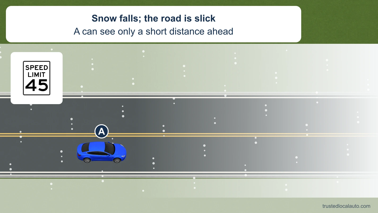 Blue A travels along a snowy two-way road. Snowfall and pale haze obscure the road ahead. An enlarged official speed-limit sign reads 45. The card describes a slick road and a short view.