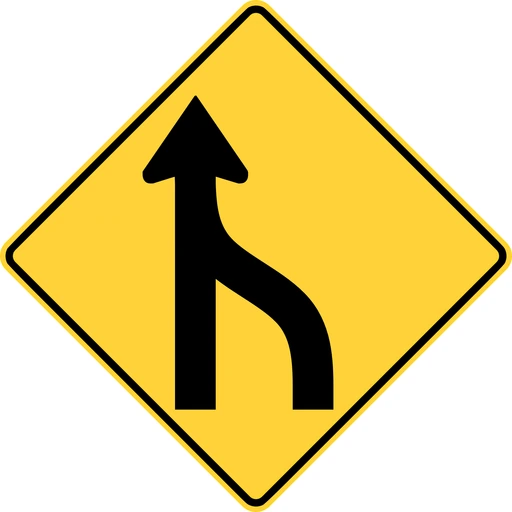 A yellow diamond with a straight upward arrow and a right-hand lane movement curving left to join it.