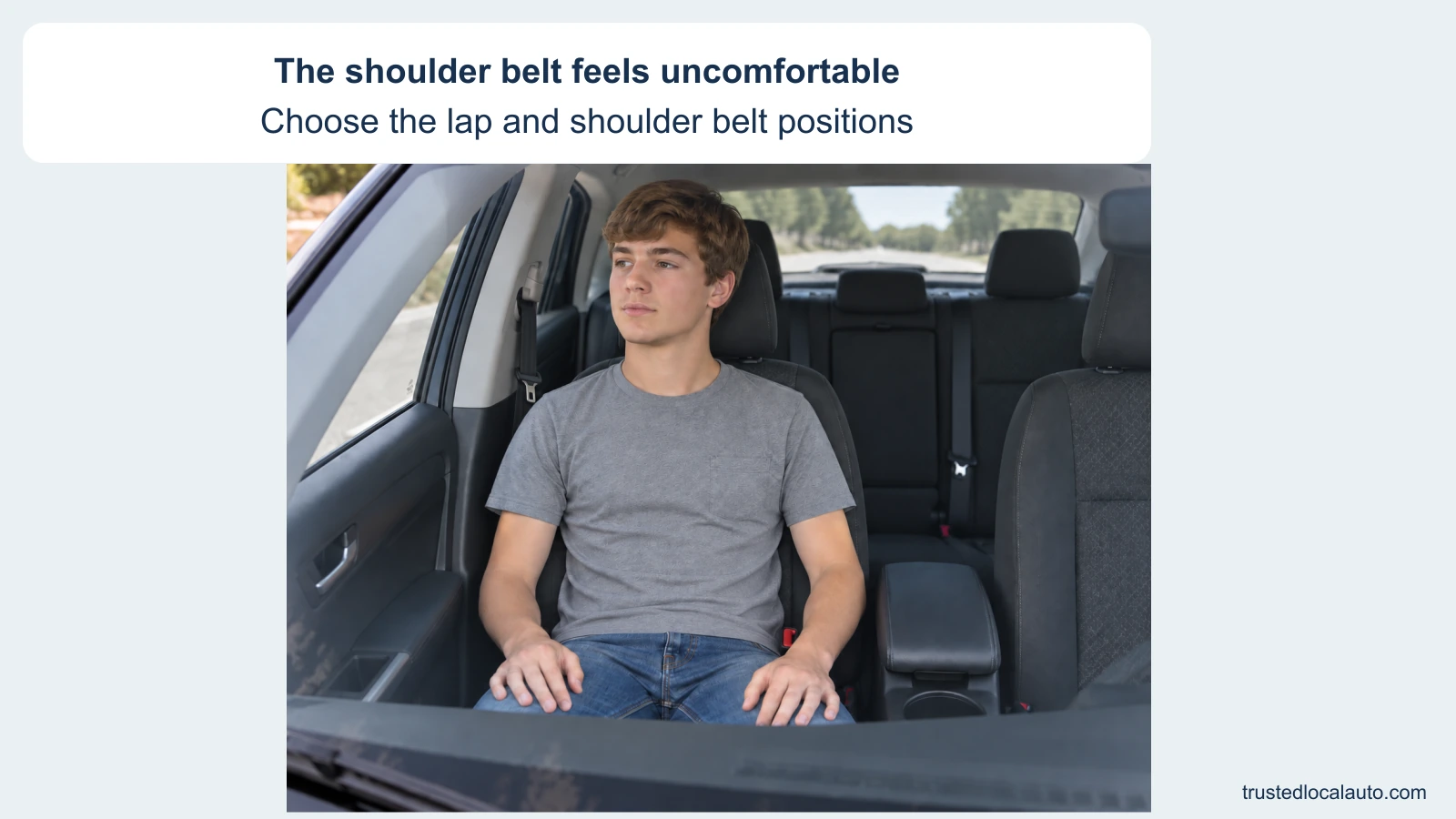 A passenger sits in the front seat with the belt unfastened and its shoulder section resting at the door pillar. The card introduces an uncomfortable shoulder belt and asks how to position its sections.