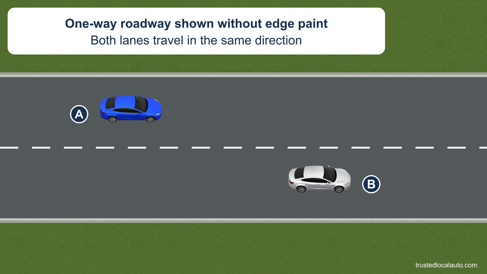 A and B face the same direction in separate lanes of a one-way roadway. A broken white line divides the lanes; the question diagram deliberately omits the outer edge paint.