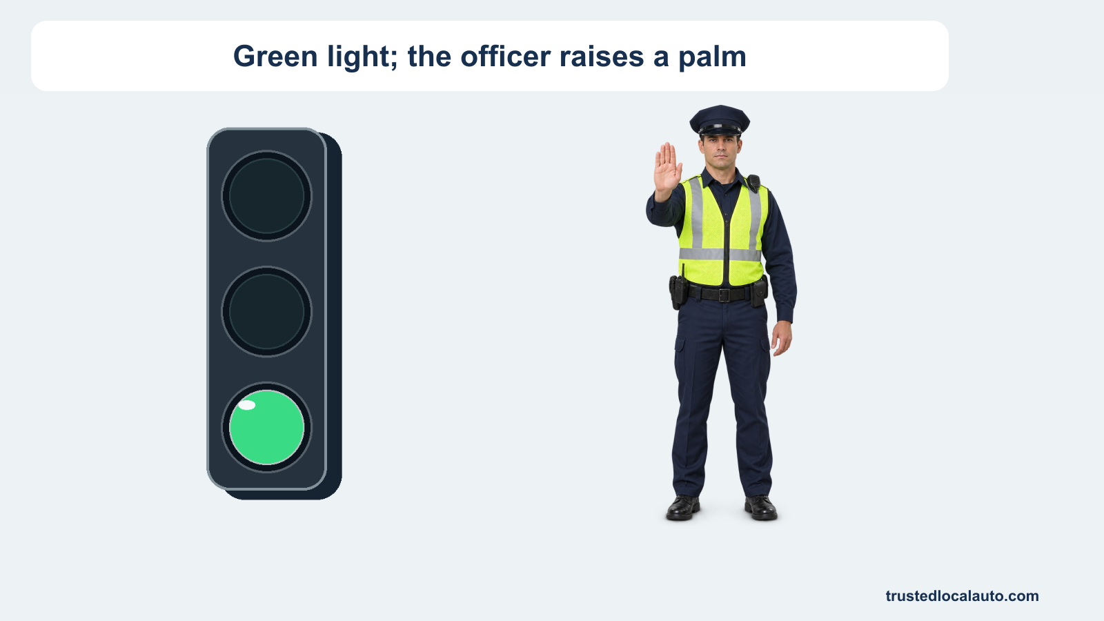 A close view shows the green traffic light beside an officer facing the driver with an open palm raised. The gesture is clearly visible.