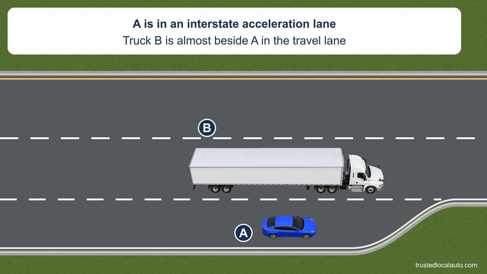 A occupies an acceleration lane alongside truck B in the right interstate travel lane. The acceleration lane ends ahead.