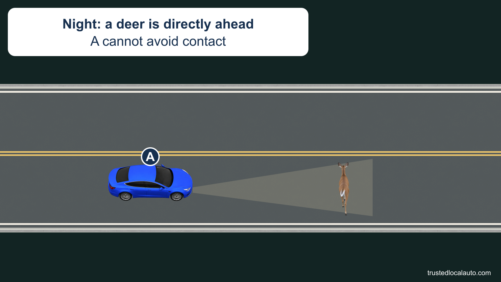 At night, A’s headlights illuminate a deer directly ahead in the same lane. The scene states that A cannot avoid contact.