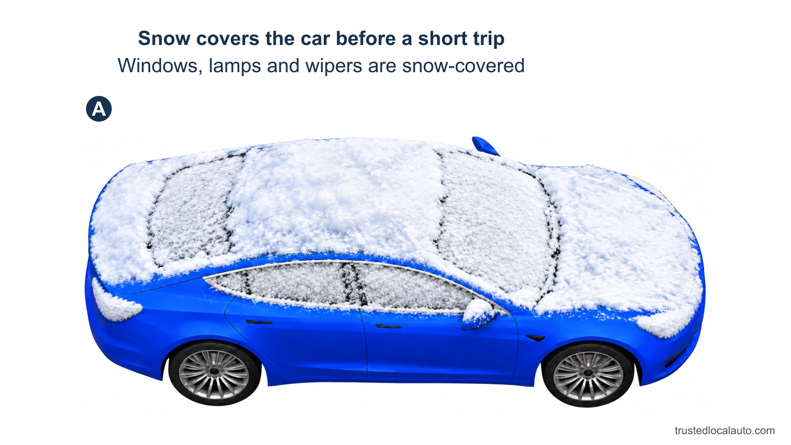 A blue sedan is covered in overnight snow across its roof, windshield, rear and side windows, lamp lenses and wiper resting area. The car is stationary on a white background.