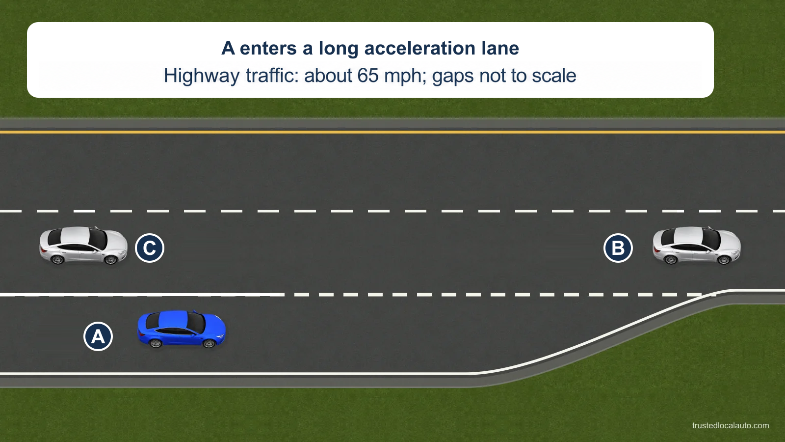 A is on an acceleration lane beside two highway through lanes. Cars B and C show the traffic positions. The card states about 65 mph and that the gaps are not to scale.