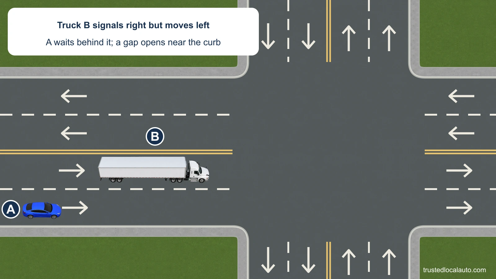 A waits behind tractor-trailer B at an intersection. B has shifted left, leaving a gap at the curb; the card repeats that B signals right.