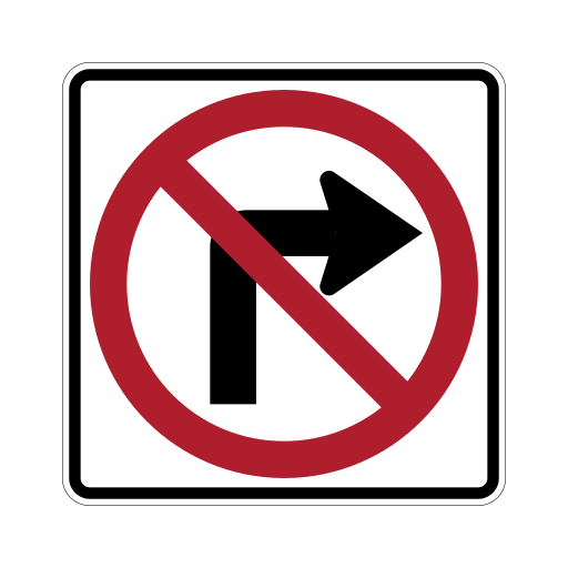 A black arrow bends right on a white sign, beneath a red circle and diagonal slash.