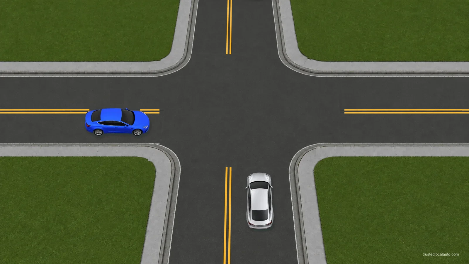A blue car enters from the west and a silver car enters from the south at an uncontrolled intersection. Neither has a badge, priority mark or route.