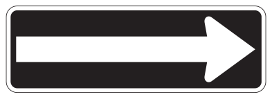 A long white arrow points right across a black horizontal rectangular sign with a white border.