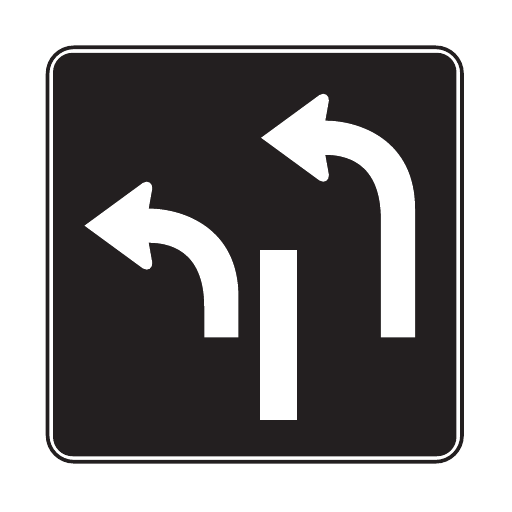 A black sign with a white border, two white arrows bending left, and a white vertical bar between their lower stems.