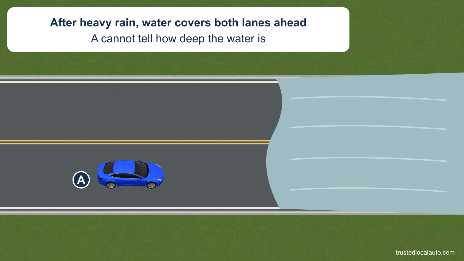 A approaches water covering both lanes of a low part of the road after heavy rain. The water hides the road surface, and the card states that its depth is unknown.