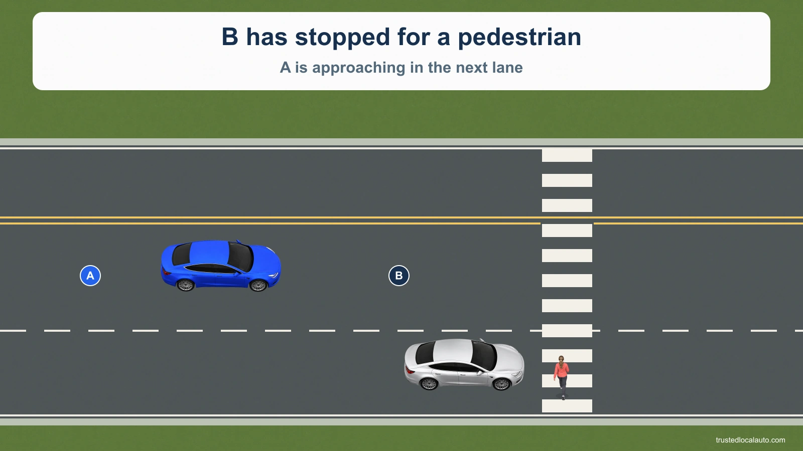 A approaches a crosswalk beside B, which is stopped for a pedestrian partly hidden from A. Opposing traffic lanes have two solid yellow lines.