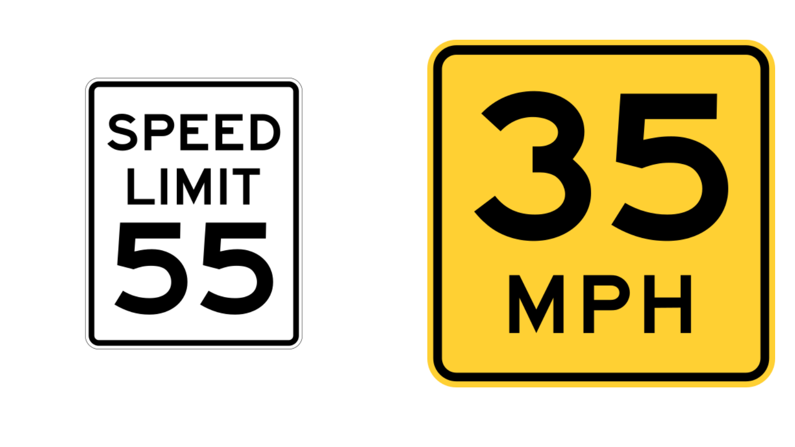 Two signs are shown side by side: a white rectangle reading SPEED LIMIT 55 and a yellow square reading 35 MPH.