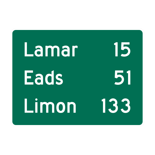 A green rectangular example sign lists three destinations in white rows, with the numbers 15, 51 and 133 aligned at the right.