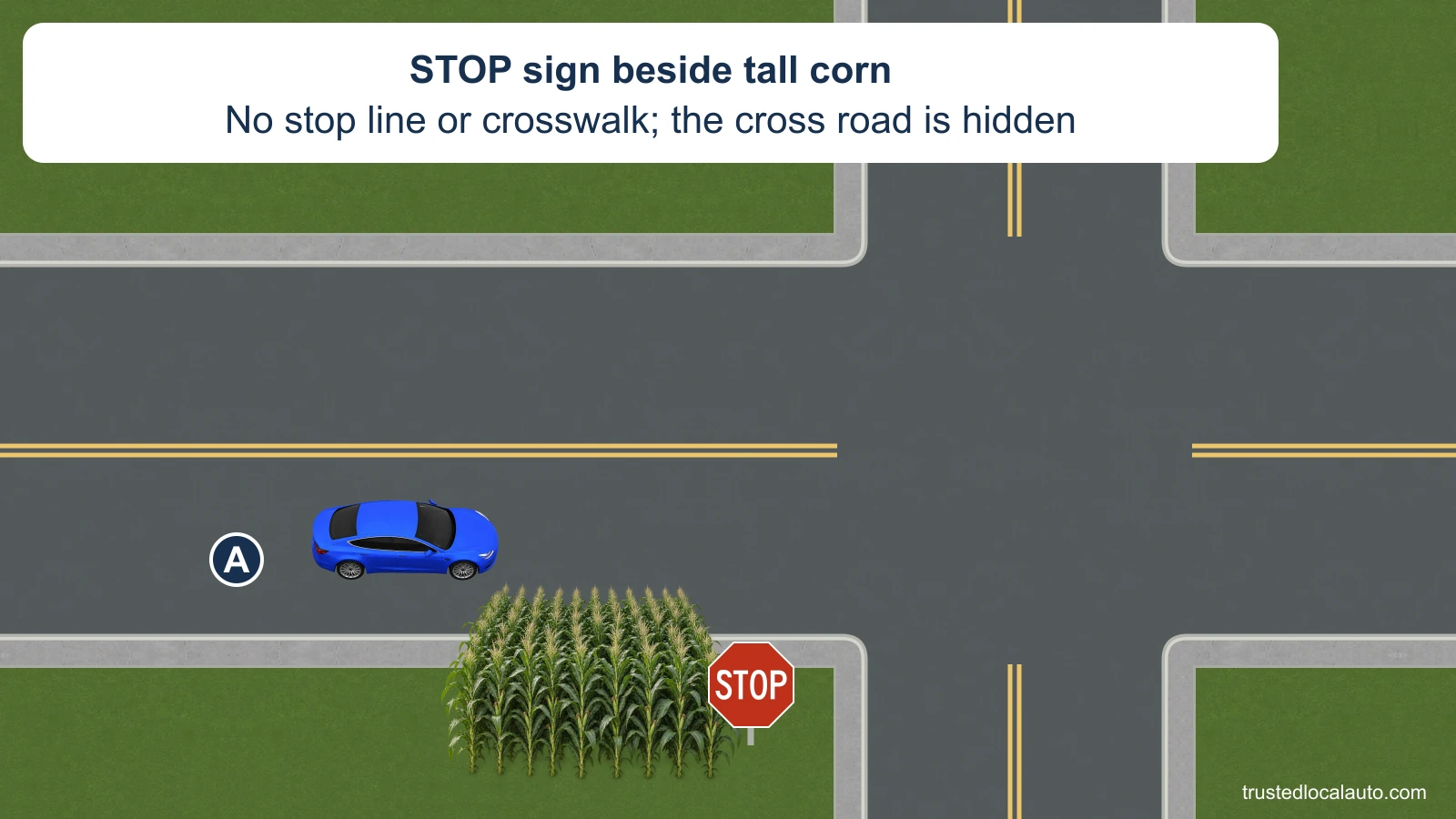 A approaches a rural intersection from the left. Tall corn stands beside a STOP sign before the corner and hides the cross road from farther back; there is no painted stop line or crosswalk.