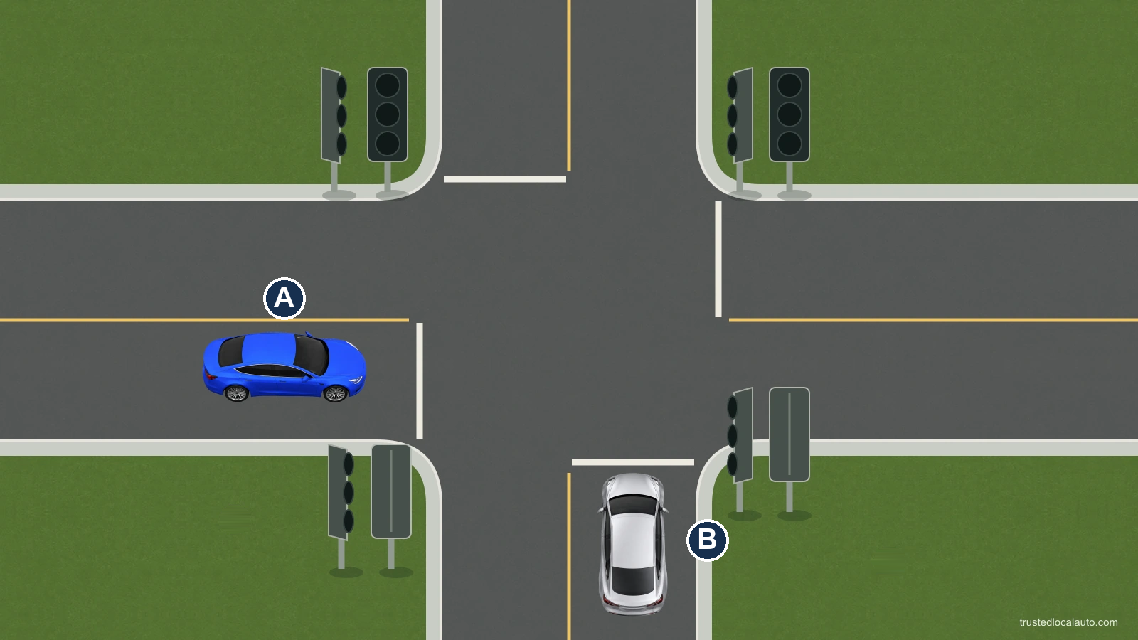 A approaches an intersection with dark traffic signals and other approaching vehicles.