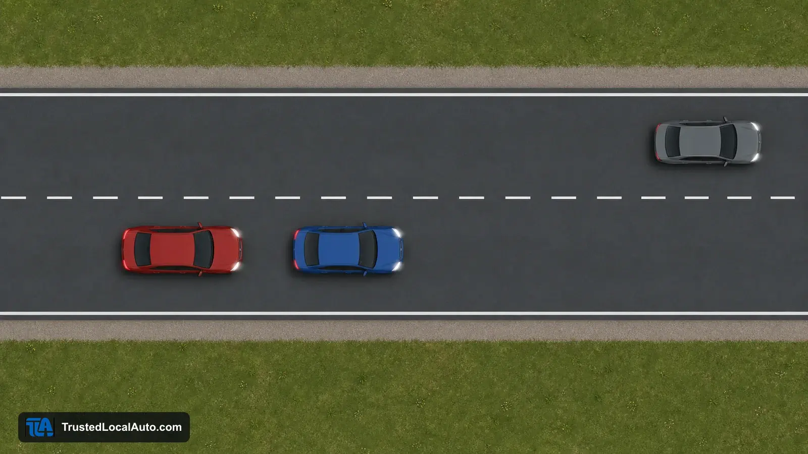 A red car follows close behind a blue car, with another car farther ahead in the adjacent left lane.