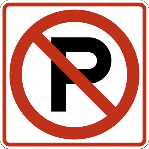 White square sign with a black P crossed by a red circle and slash.
