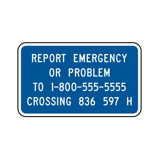 A blue Emergency Notification System sign has white emergency-reporting wording, an example telephone number and a crossing identifier inside a black-and-white border.