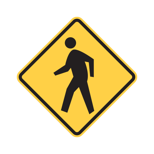 A yellow diamond with a black border shows a black walking person.