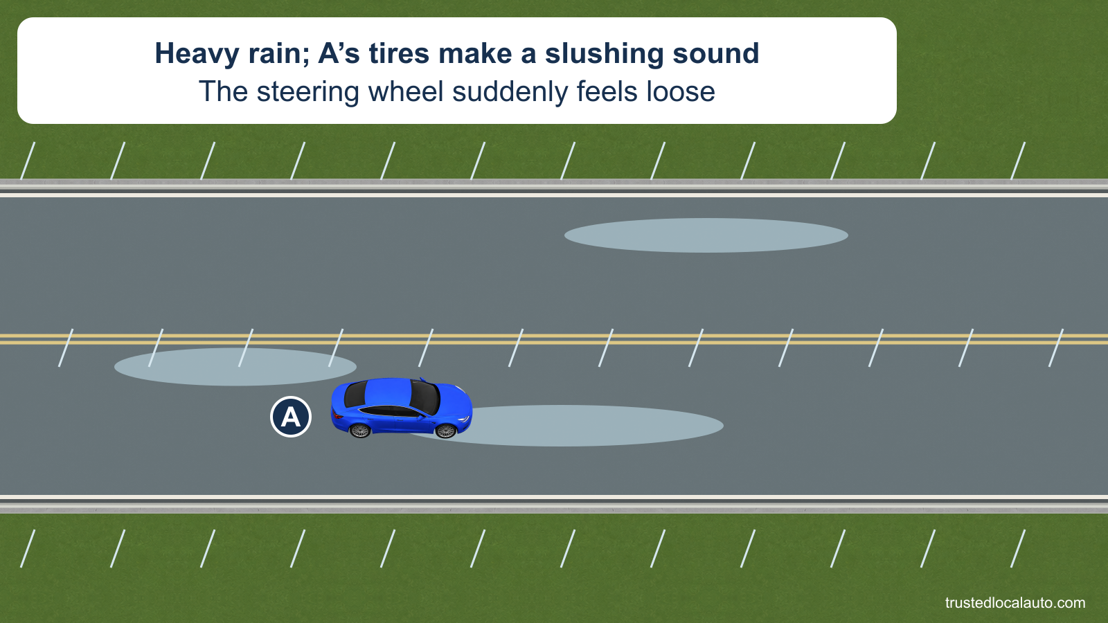 Car A travels through standing water on a highway in heavy rain. The card describes a slushing sound from the tires and a suddenly loose steering wheel; no recovery path appears in the question.