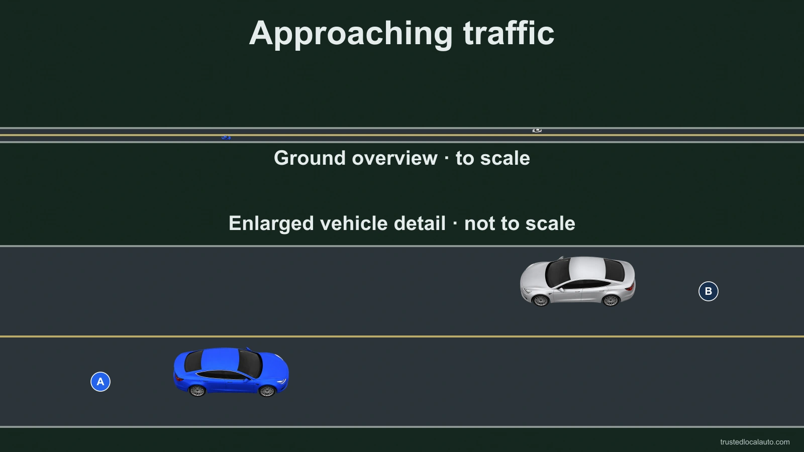 A night road has blue A approaching silver B in the opposite lane. The upper panel is a scaled ground overview. The lower panel enlarges the same vehicles, with spacing explicitly not to scale. The distance threshold is not shown before answering.