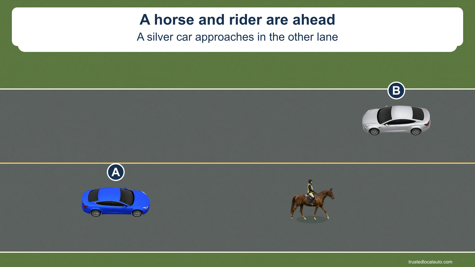 Blue car A is behind a horse and rider near the right side of the roadway. Silver car B approaches in the opposite lane; the question view has no route or gap marks.