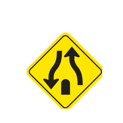 A yellow diamond with opposing arrows passing a median that ends toward the viewer.