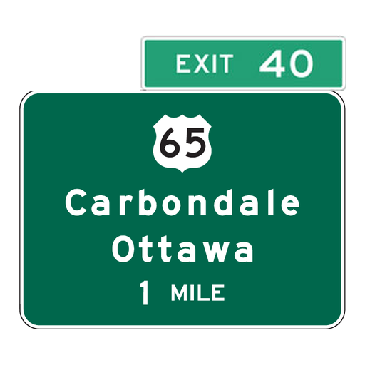 An exact EXIT 40 tab sits above an official green panel with route 65, Carbondale, Ottawa and 1 MILE. No exit timing or lane instruction is added.