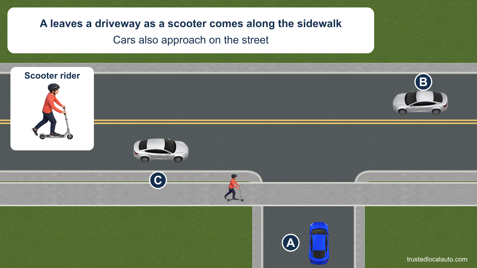Blue A approaches the sidewalk across a driveway. A helmeted teenager rides a kick scooter to the right along that sidewalk. Silver B and C approach the driveway from opposite directions on the street. An inset enlarges the same rider.