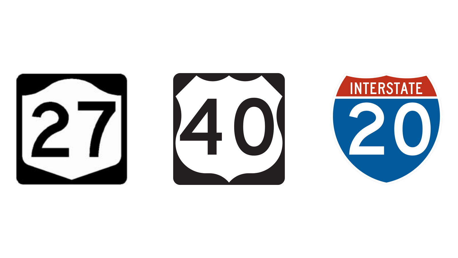 Three numbered route signs stand side by side: 27 in a peaked white shield on black, 40 in a white shield with a curved top, and 20 in a red-and-blue shield marked INTERSTATE.