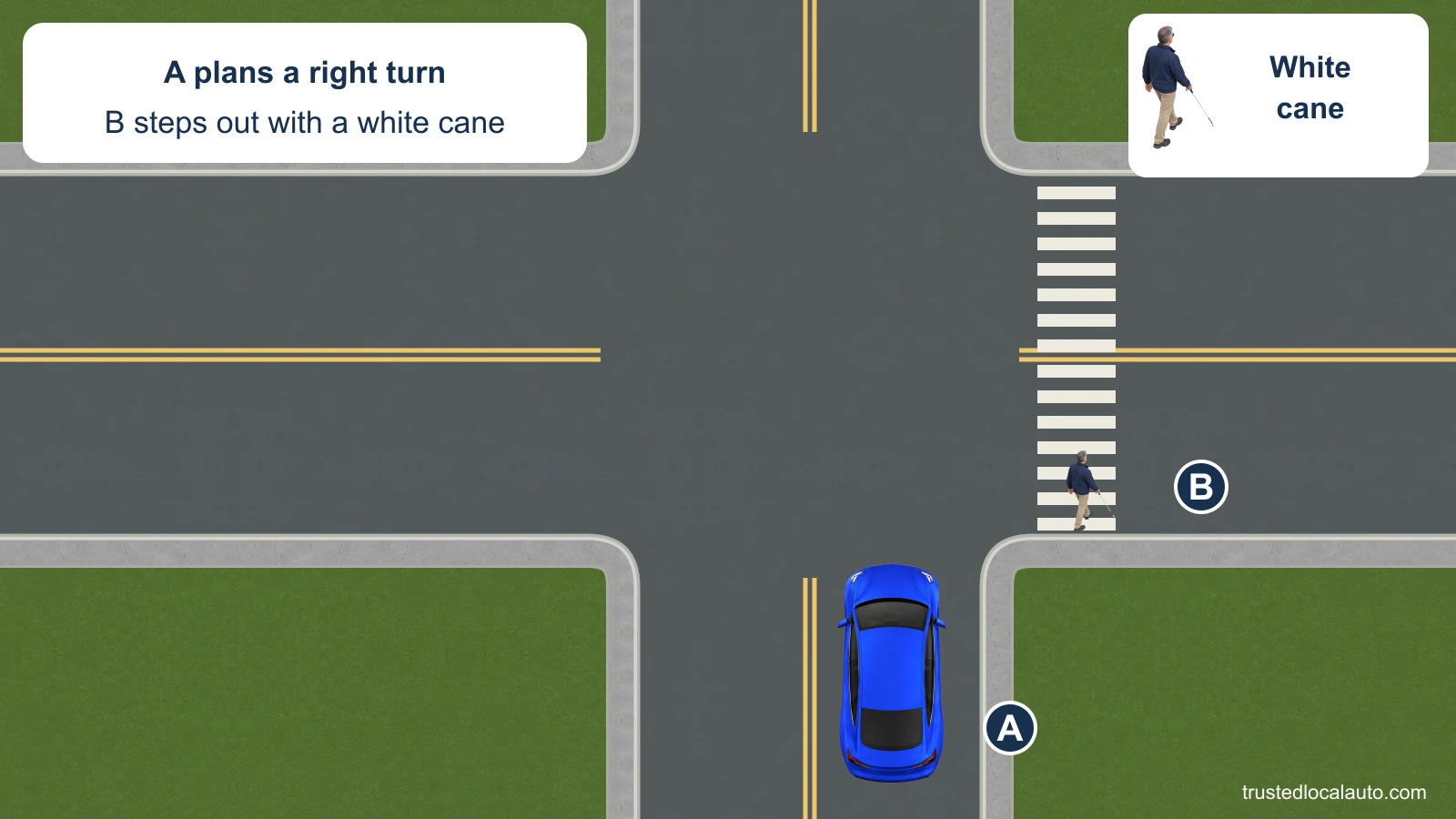 Blue car A approaches an unsignalized intersection to turn right. Pedestrian B has stepped from the southeast corner into the crosswalk across the street A would enter. A separate detail shows B’s white cane.