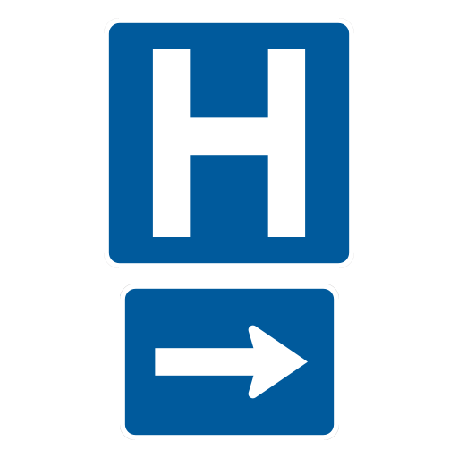 An unchanged official blue H square appears above an unchanged white-on-blue right-arrow plaque, forming one hospital-direction assembly.