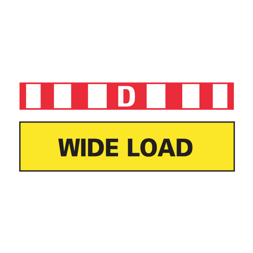 A red-and-white striped panel with D, above a yellow WIDE LOAD sign.