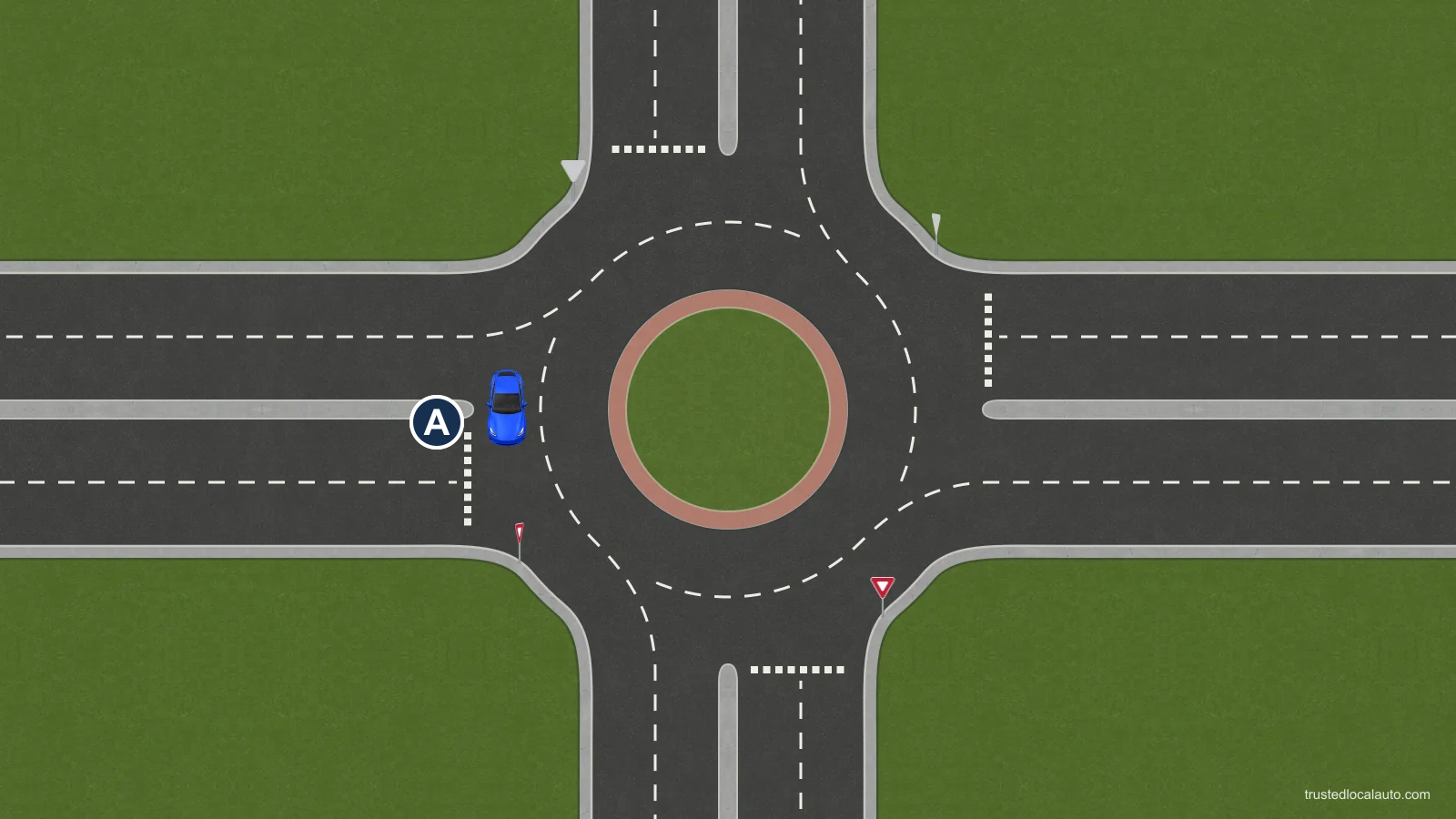 A approaches its exit from the roundabout.