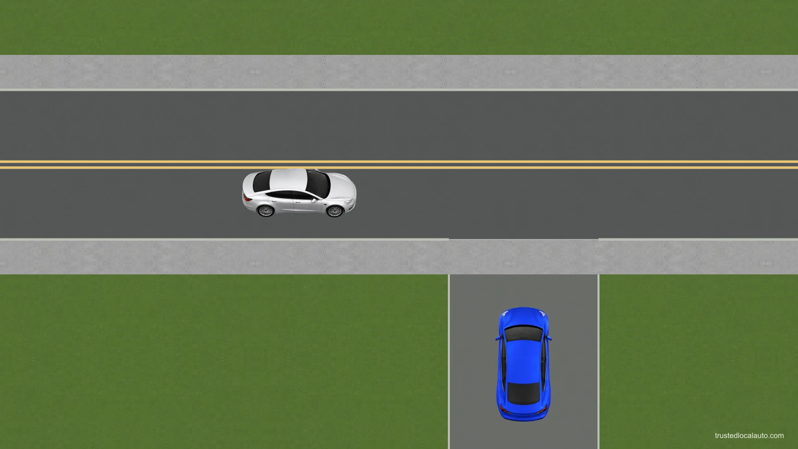 A blue car faces a sidewalk at the end of a driveway. A silver car approaches along the road beyond. No answer route or priority halo appears in the question.